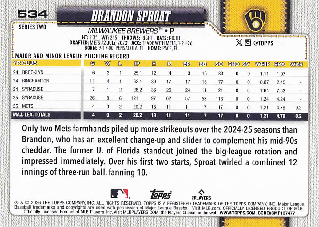2026 Topps Baseball Brandon Sproat #534 Rookie