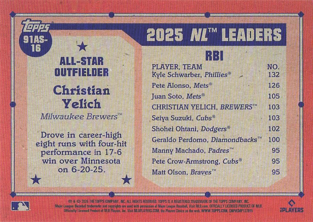 2026 Topps Baseball 1991 Topps Baseball Christian Yelich #91AS-16