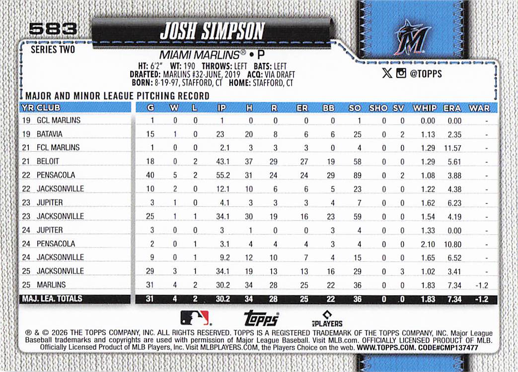 2026 Topps Baseball Josh Simpson #583 Rookie