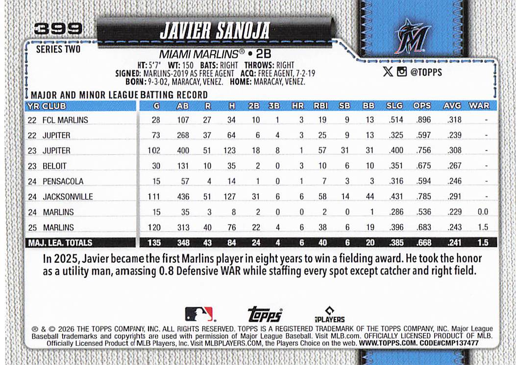 2026 Topps Baseball Javier Sanoja #399