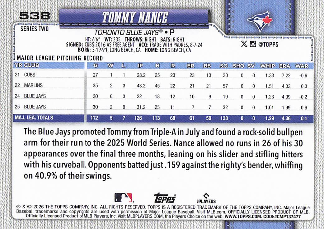 2026 Topps Baseball Tommy Nance #538