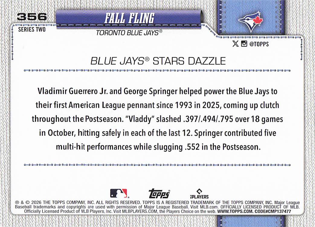 2026 Topps Baseball Fall Fling (Vladimir Guerrero Jr. / George Springer) #356