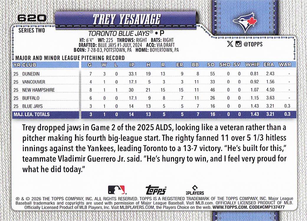 2026 Topps Baseball Trey Yesavage #620 Rookie