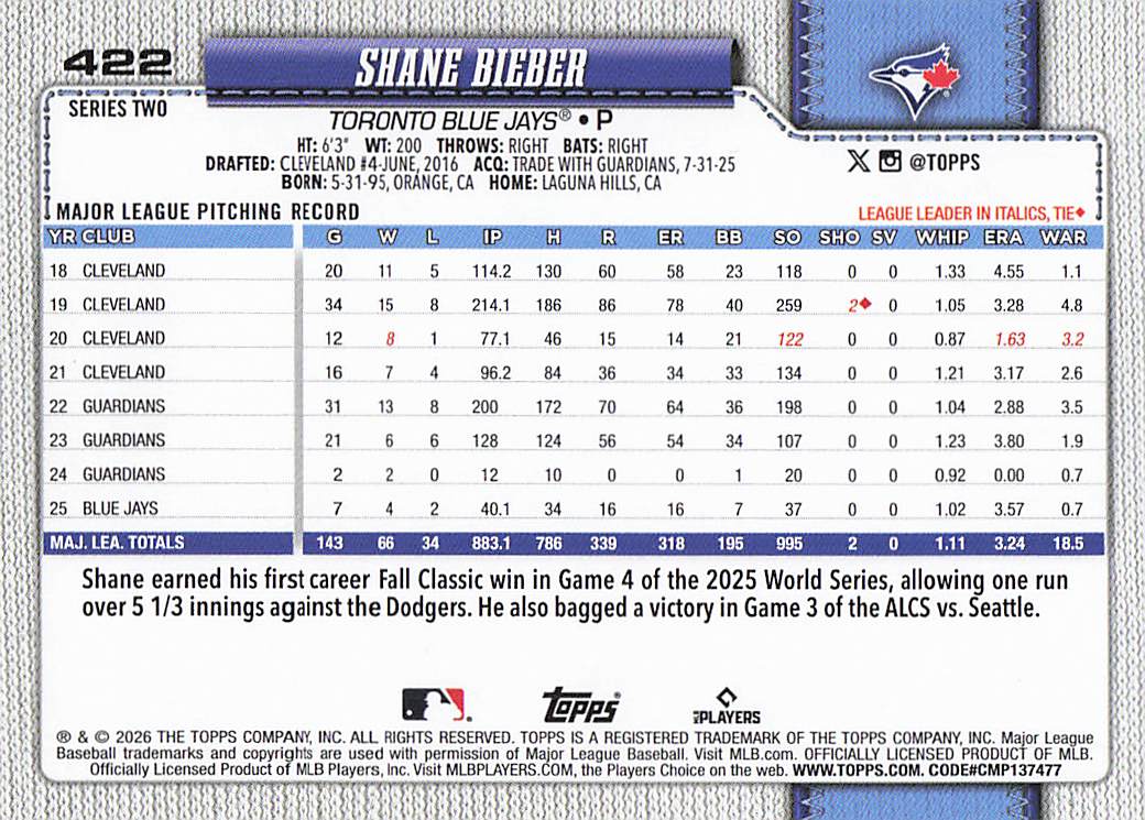 2026 Topps Baseball Shane Bieber #422