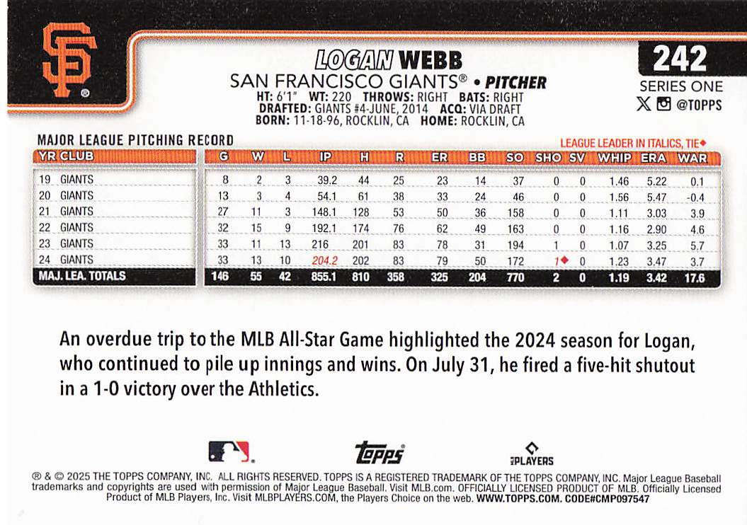 2025 Topps Baseball Logan Webb #242