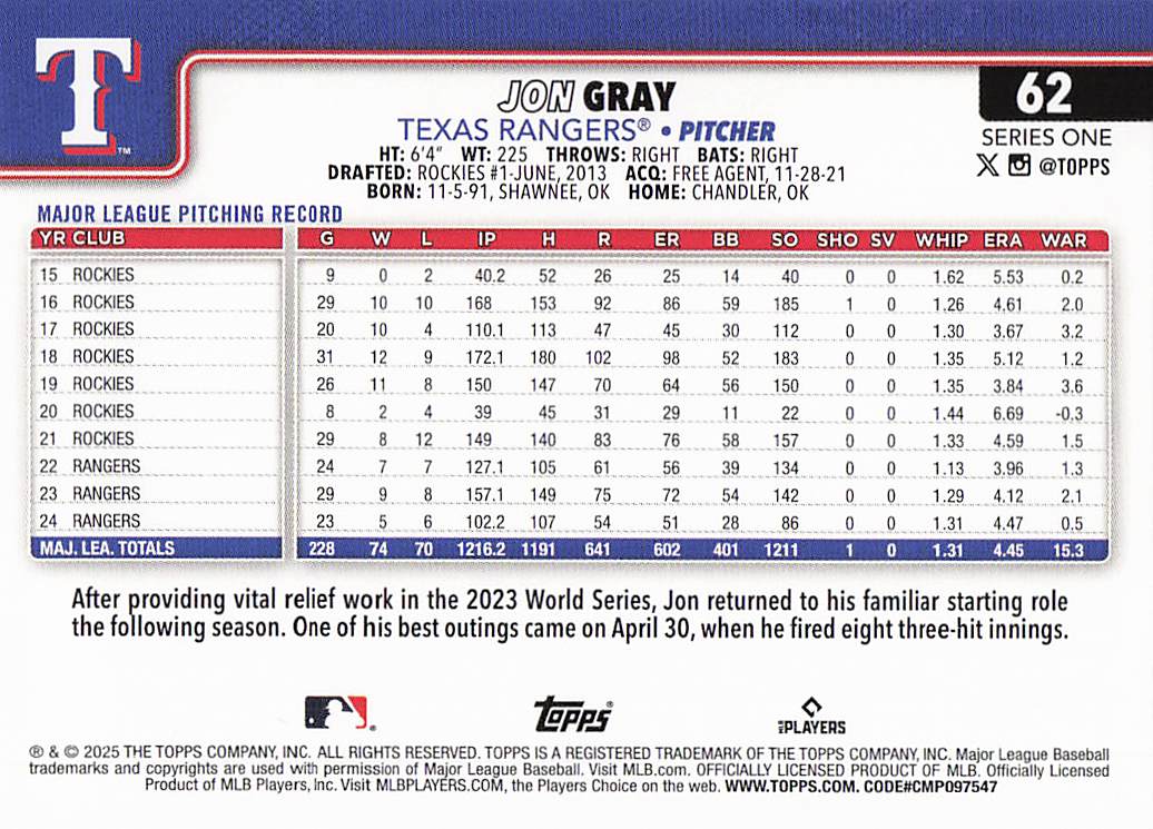 2025 Topps Baseball Jon Gray #62