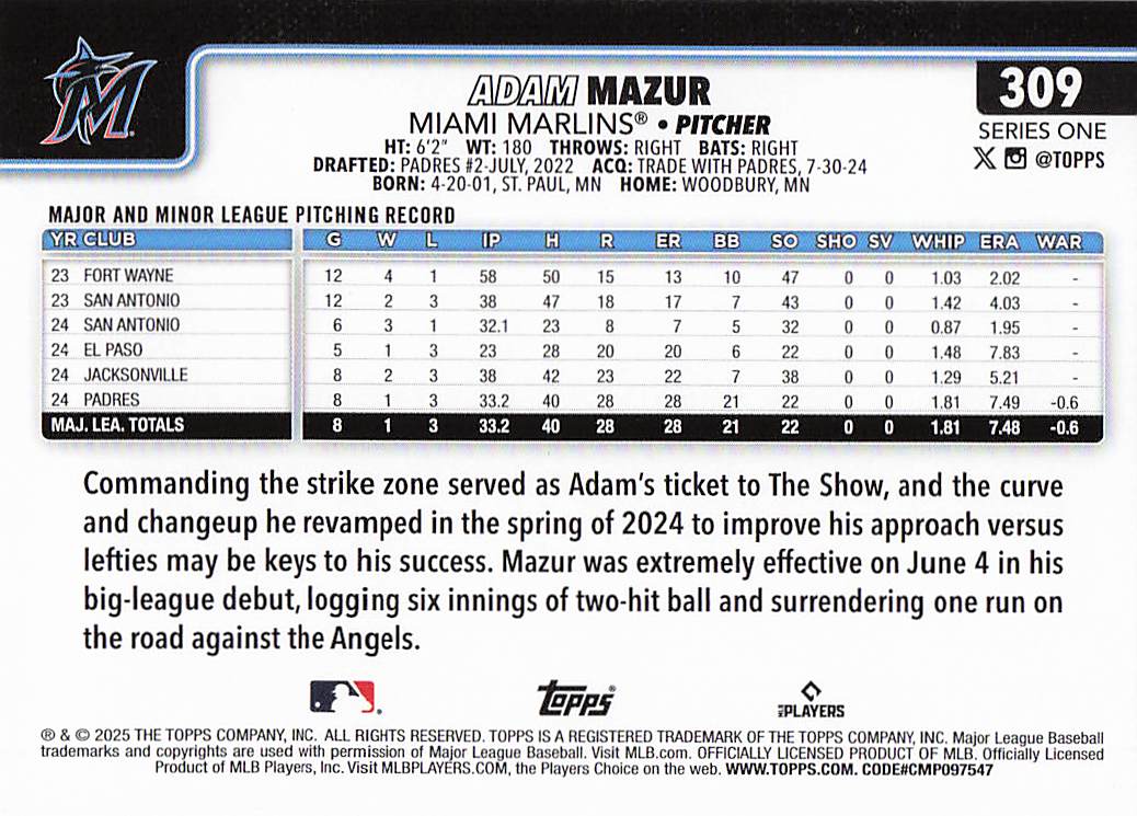 2025 Topps Baseball Adam Mazur #309 Rookie