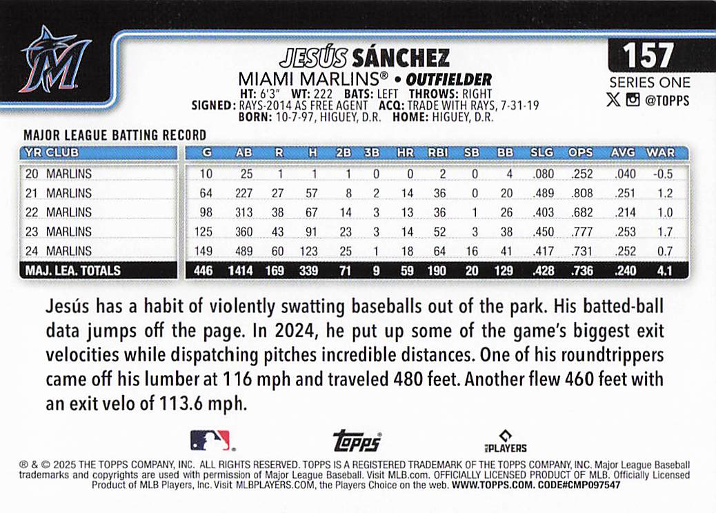 2025 Topps Baseball Jesús Sánchez #157
