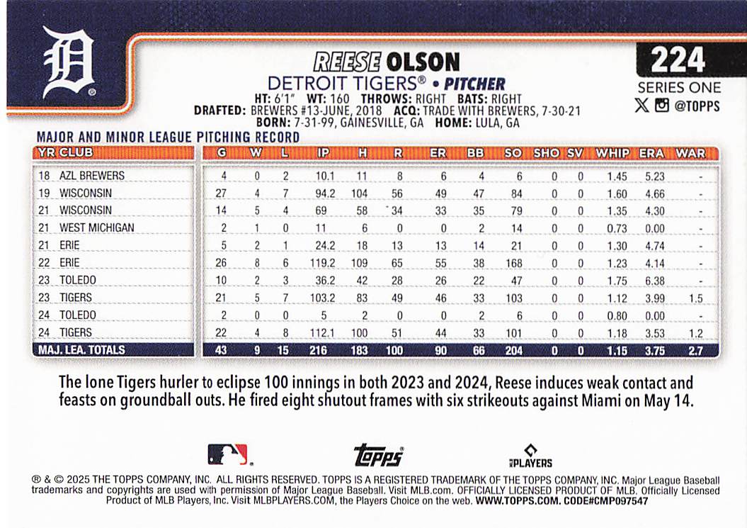 2025 Topps Baseball Reese Olson #224