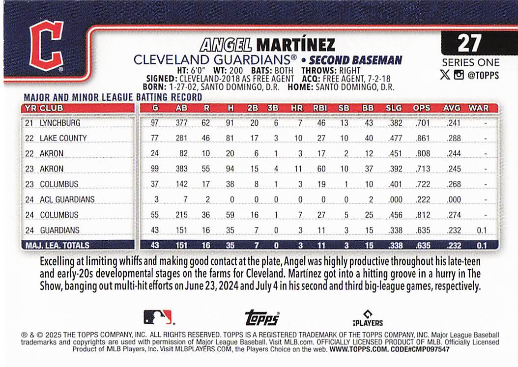 2025 Topps Baseball Angel Martinez #27 Rookie
