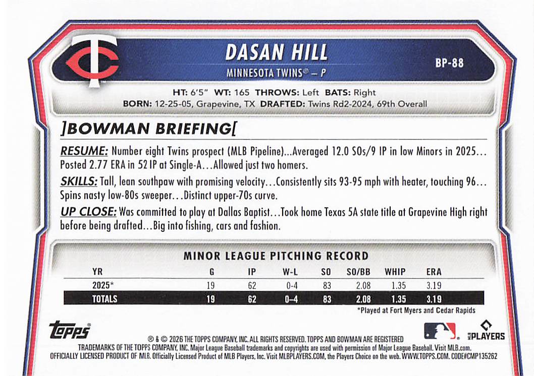 2026 Bowman Baseball Prospects Dasan Hill #BP-88