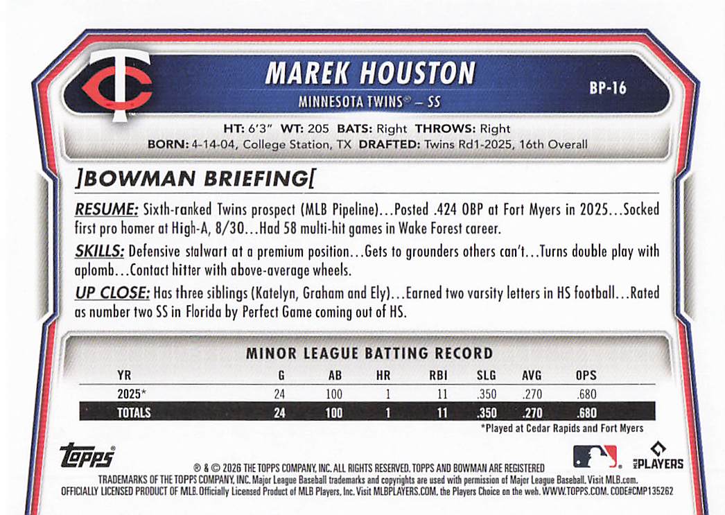 2026 Bowman Baseball Prospects Marek Houston #BP-16