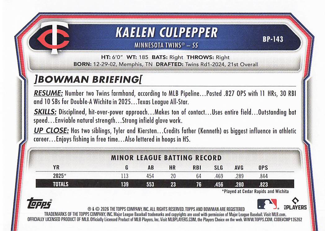 2026 Bowman Baseball Prospects Kaelen Culpepper #BP-143