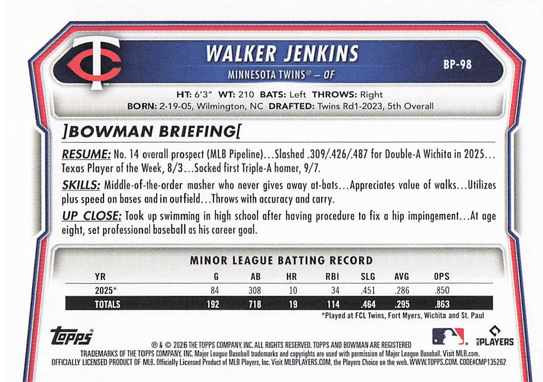 2026 Bowman Baseball Prospects Walker Jenkins #BP-98
