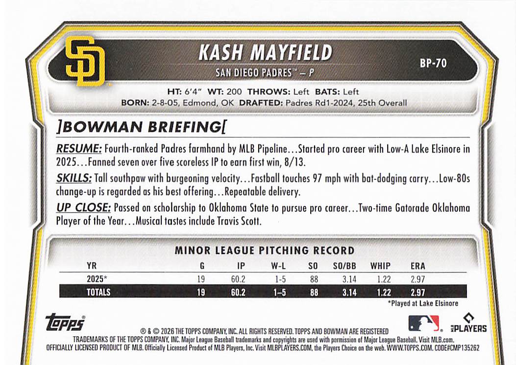 2026 Bowman Baseball Prospects Kash Mayfield #BP-70