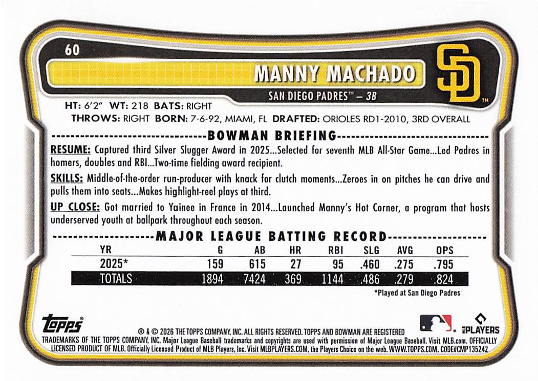 2026 Bowman Baseball Manny Machado #60