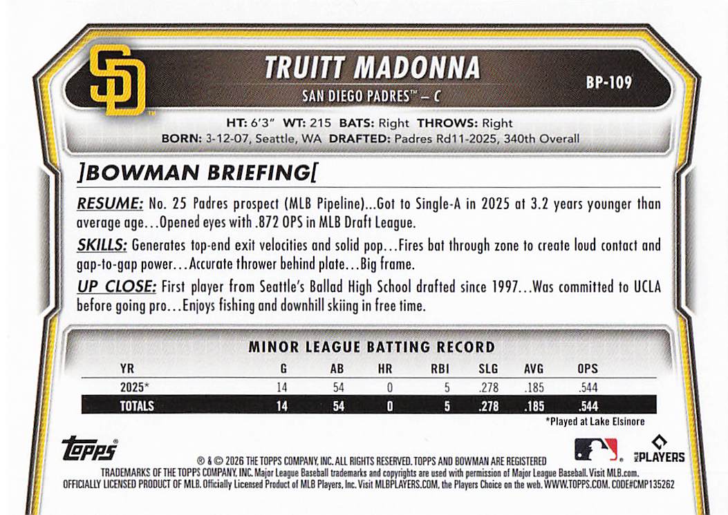 2026 Bowman Baseball Prospects Truitt Madonna #BP-109