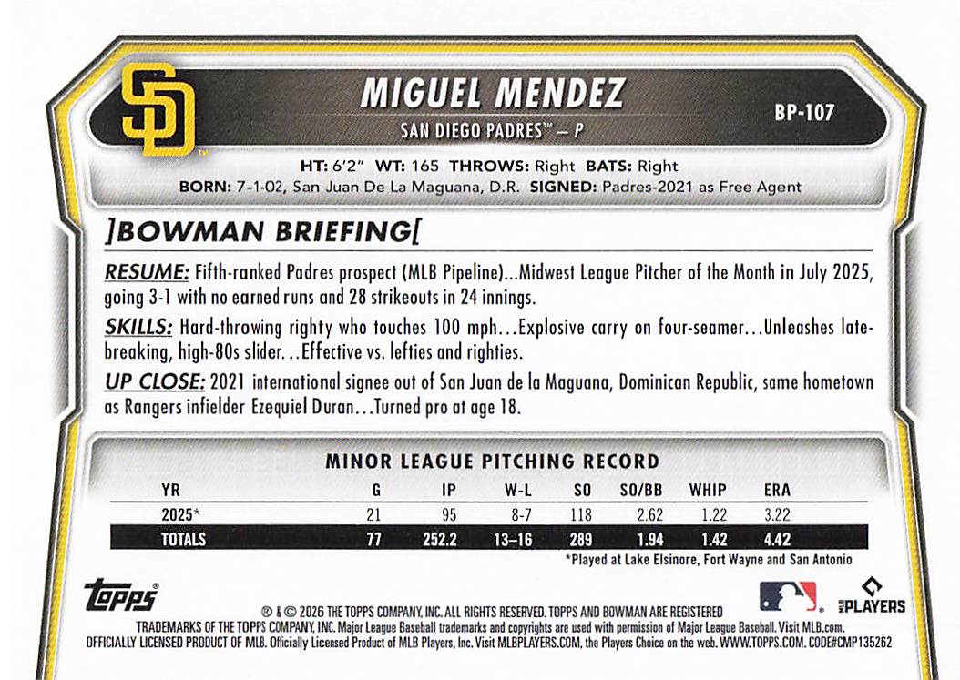2026 Bowman Baseball Prospects Miguel Mendez #BP-107