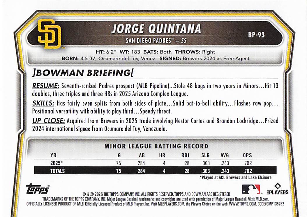 2026 Bowman Baseball Prospects Jorge Quintana #BP-93
