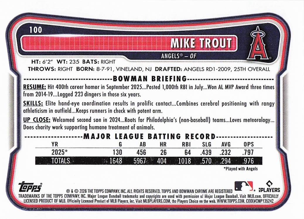 2026 Bowman Baseball Mike Trout #100