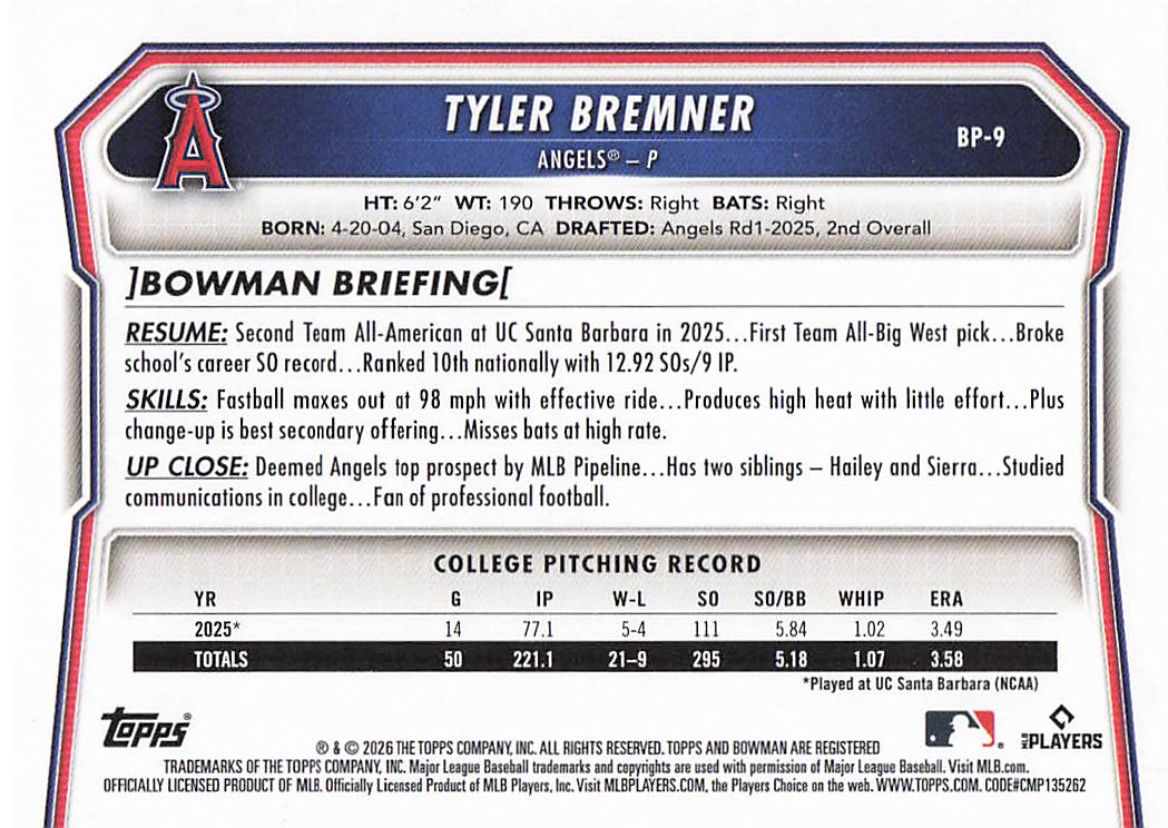 2026 Bowman Baseball Prospects Tyler Bremner #BP-9