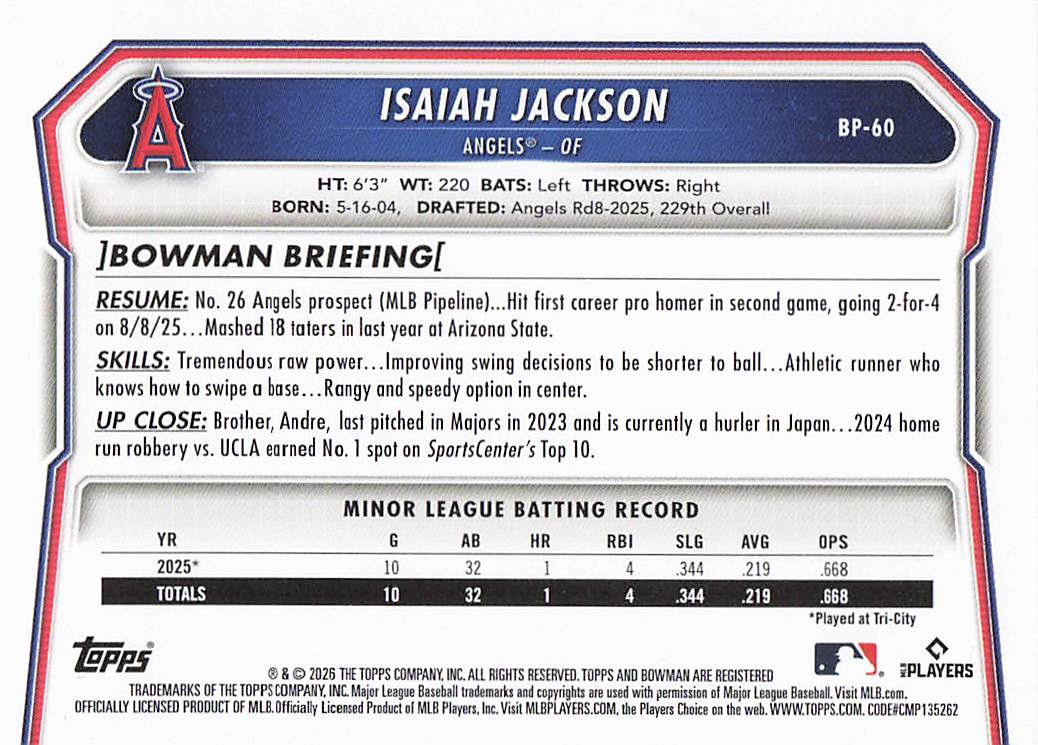 2026 Bowman Baseball Prospects Isaiah Jackson #BP-60