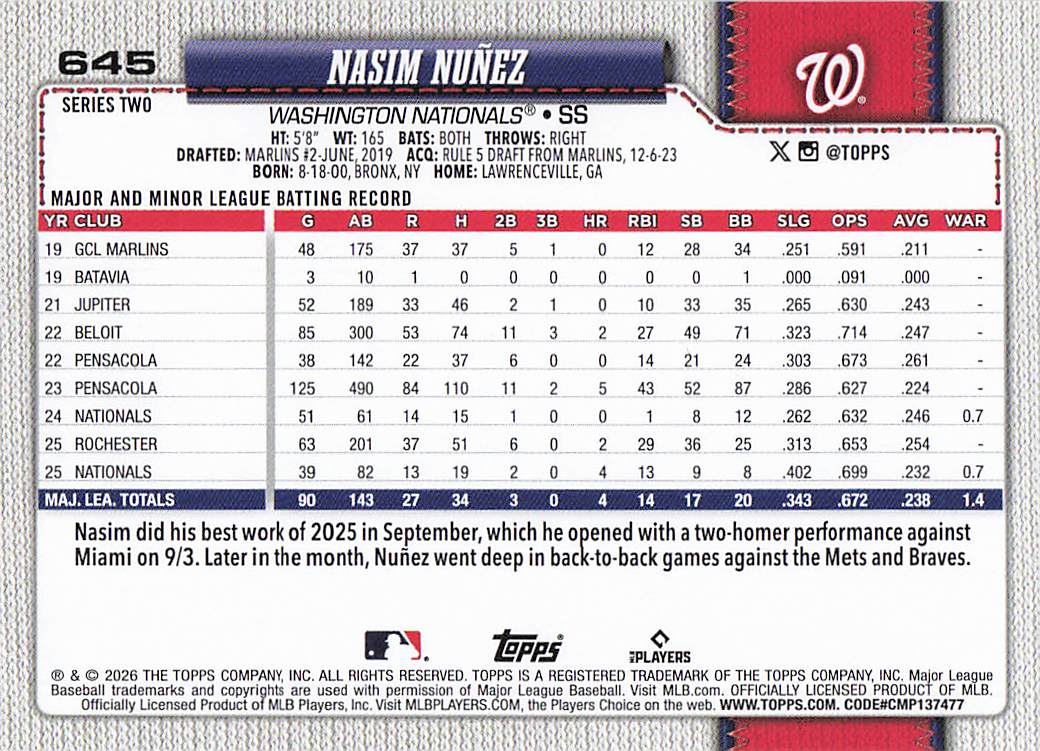 2026 Topps Baseball Nasim Nuñez #645
