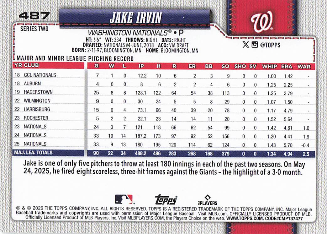 2026 Topps Baseball Jake Irvin #487