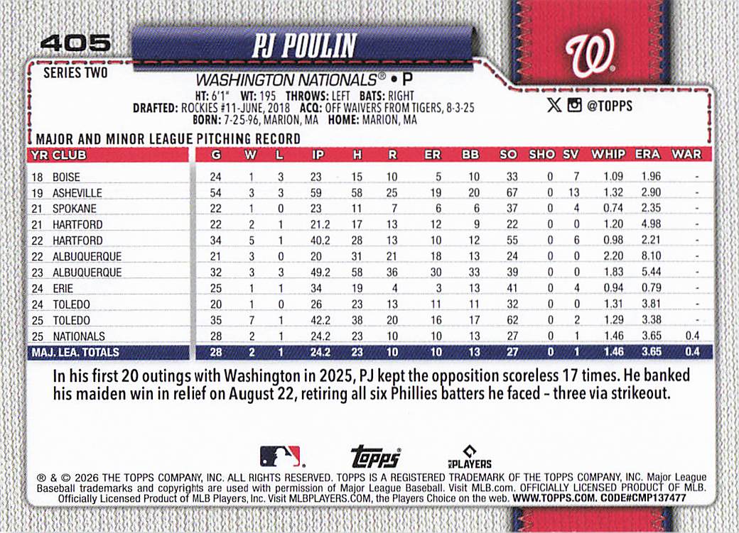 2026 Topps Baseball PJ Poulin #405 Rookie