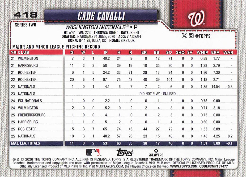 2026 Topps Baseball Cade Cavalli #418