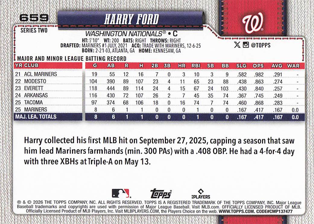 2026 Topps Baseball Harry Ford #659 Rookie