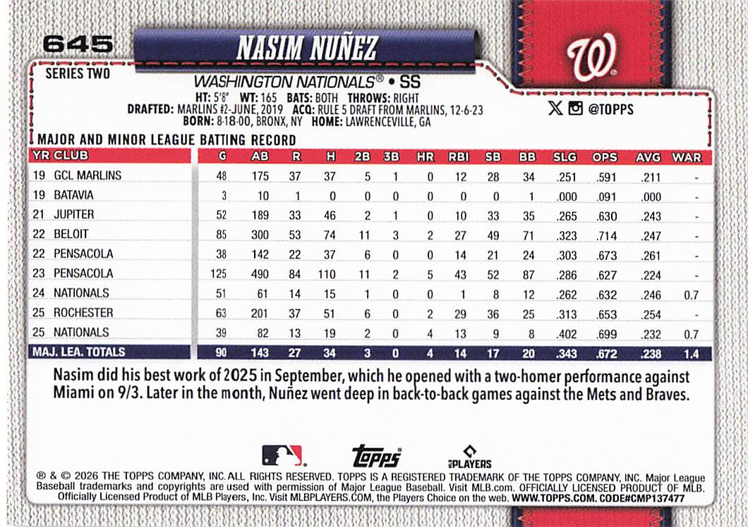 2026 Topps Baseball Rainbow Foil Nasim Nuñez #645