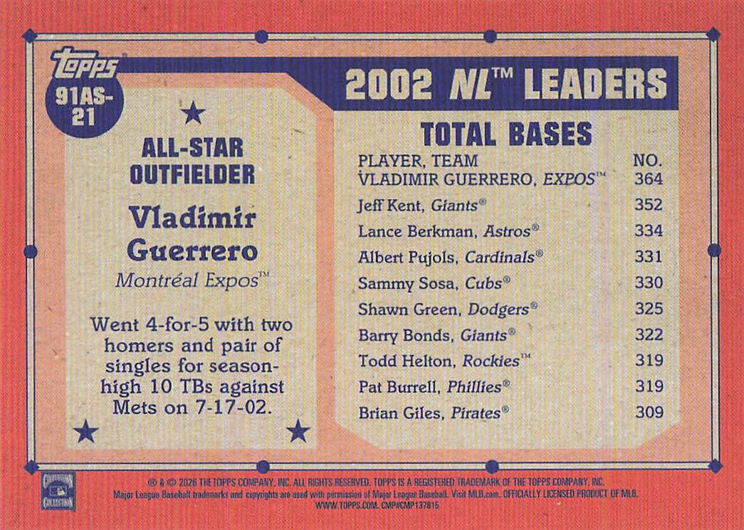 2026 Topps Baseball 1991 Topps Baseball Vladimir Guerrero #91AS-21