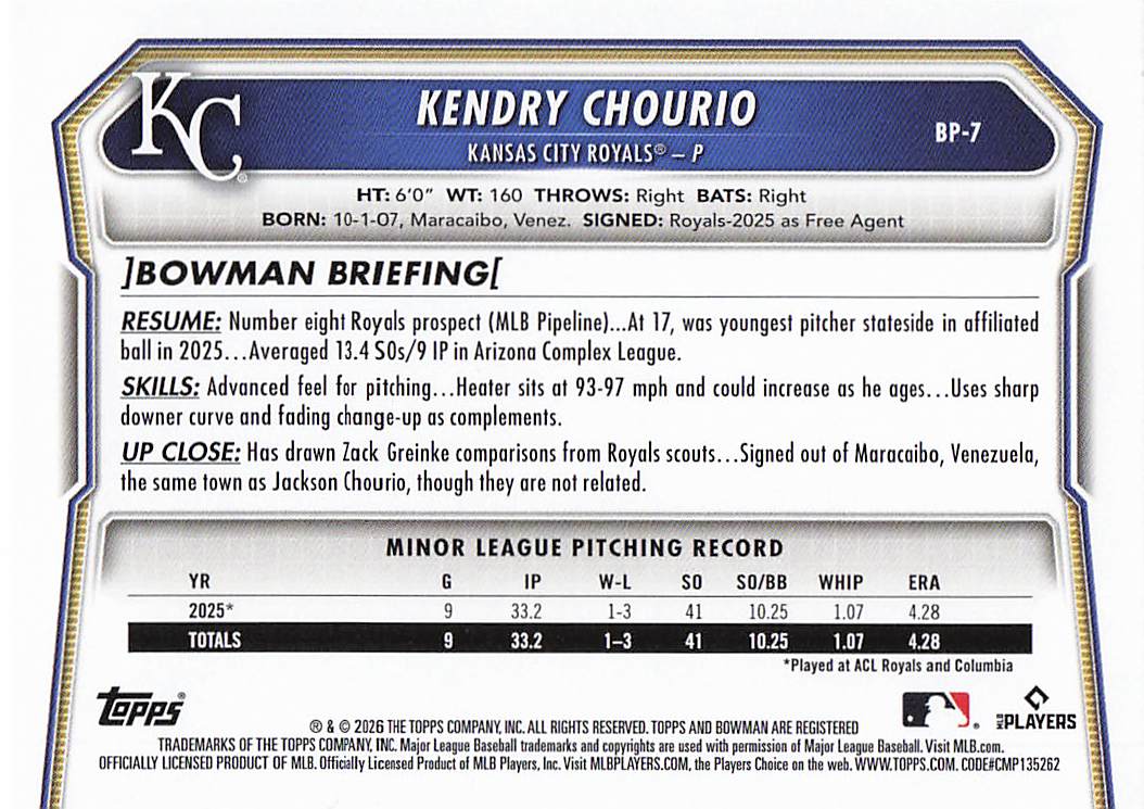2026 Bowman Baseball Prospects Kendry Chourio #BP-7