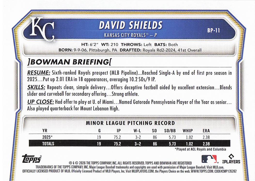 2026 Bowman Baseball Prospects David Shields #BP-11