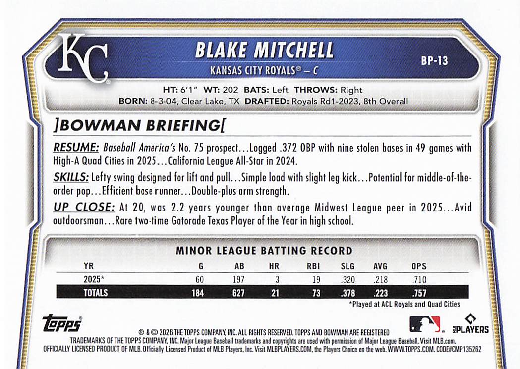 2026 Bowman Baseball Prospects Blake Mitchell #BP-13