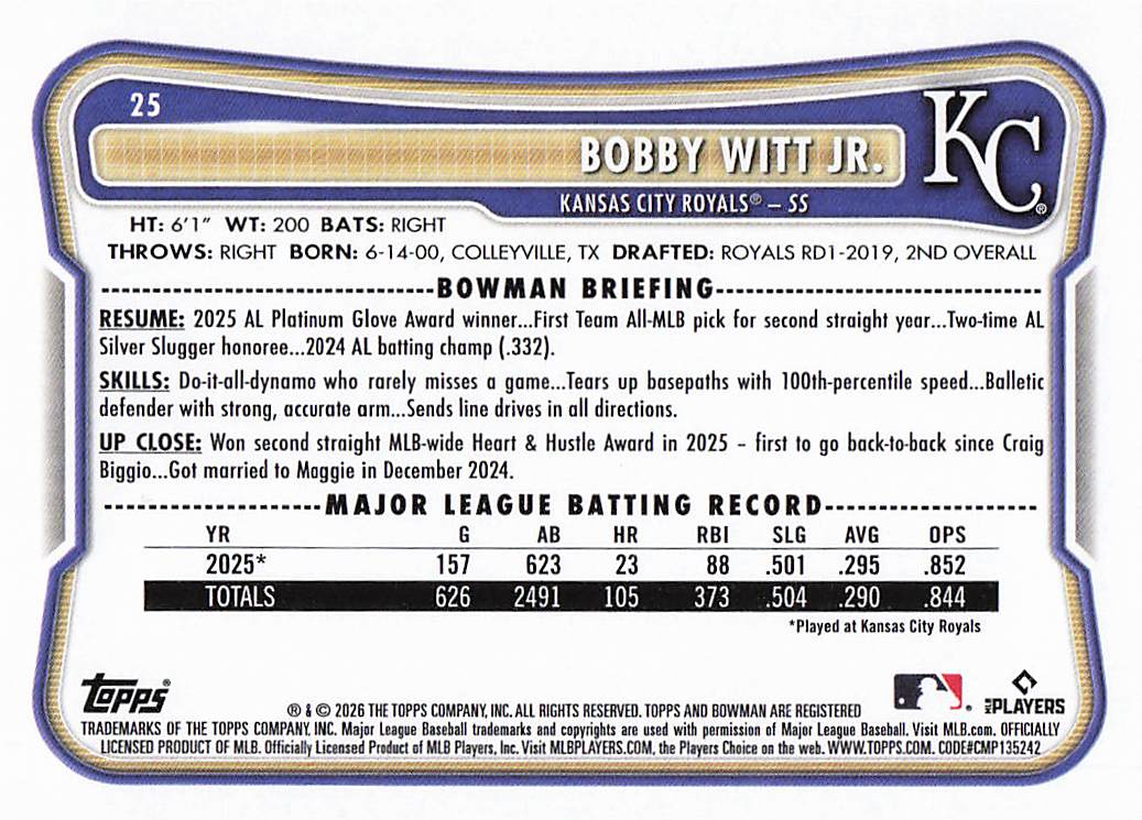 2026 Bowman Baseball Bobby Witt Jr. #25
