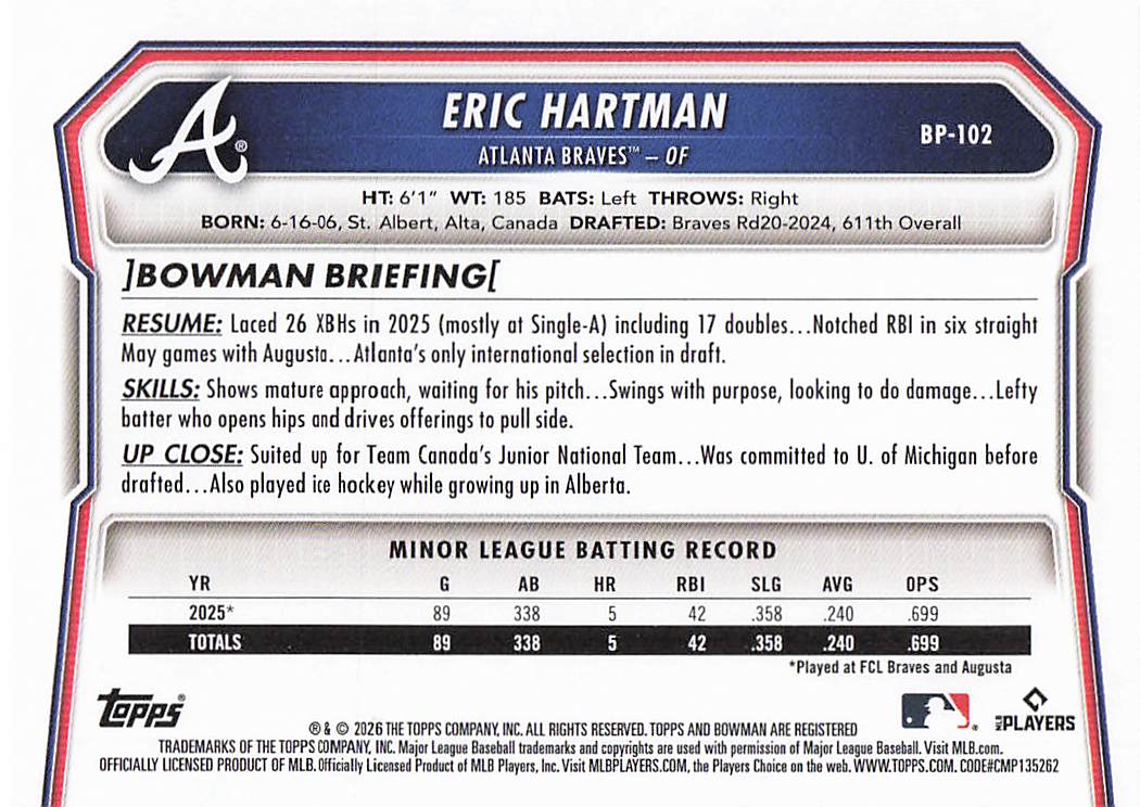 2026 Bowman Baseball Prospects Eric Hartman #BP-102