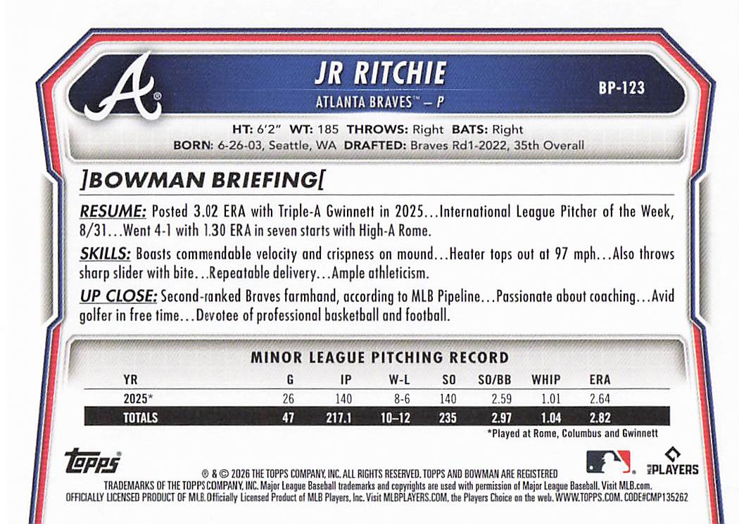 2026 Bowman Baseball Prospects JR Ritchie #BP-123