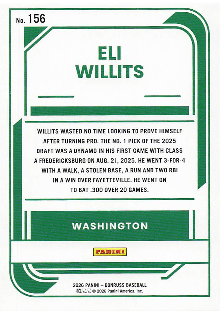 2026 Donruss Baseball Eli Willits #156