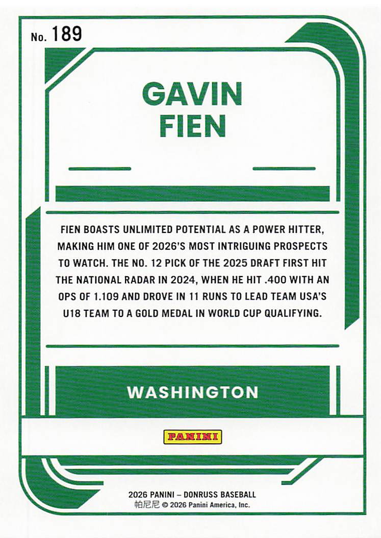 2026 Donruss Baseball Gavin Fien #189