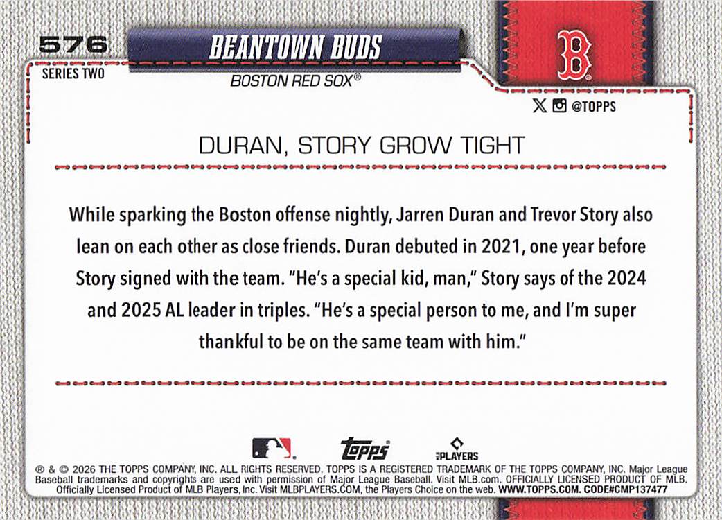 2026 Topps Baseball Beantown Buds (Jarren Duran / Trevor Story) #576