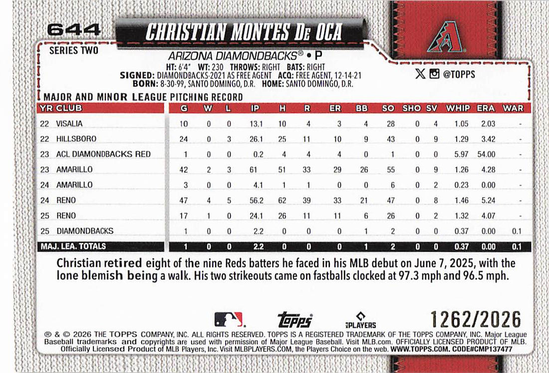 2026 Topps Baseball Gold 1262/2026 Christian Montes De Oca #644