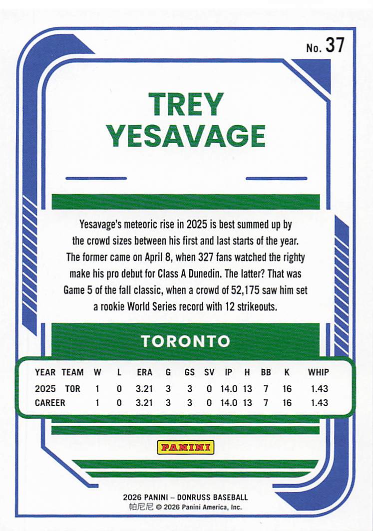 2026 Donruss Baseball Liberty Trey Yesavage #37 Rookie