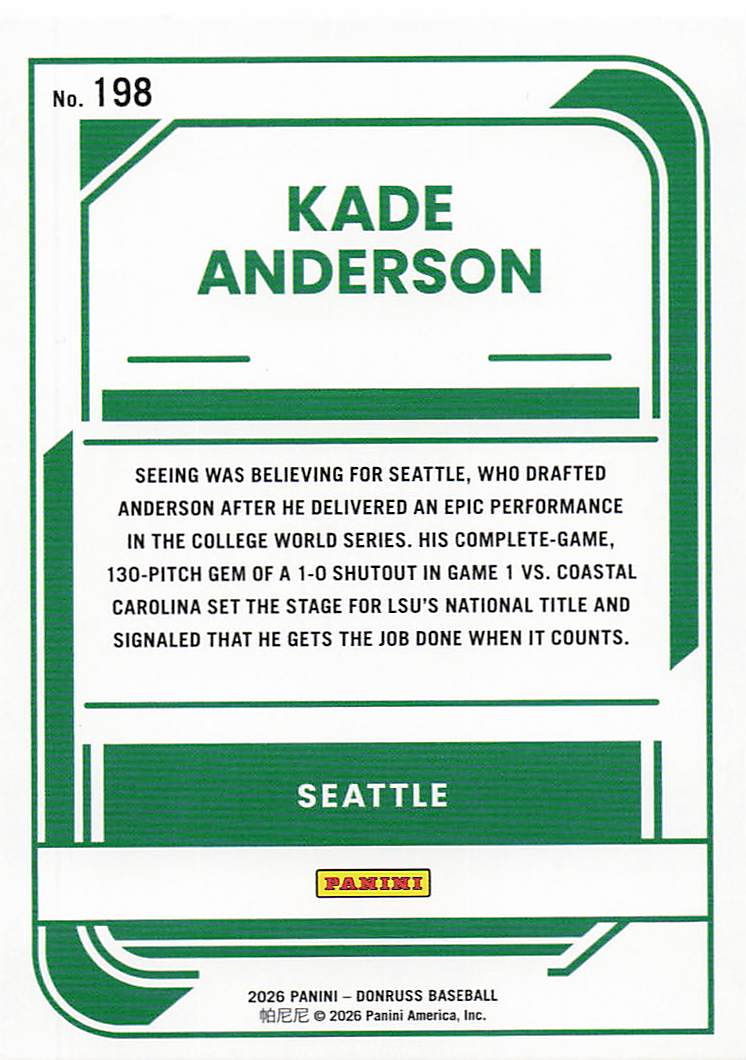 2026 Donruss Baseball Kade Anderson #198