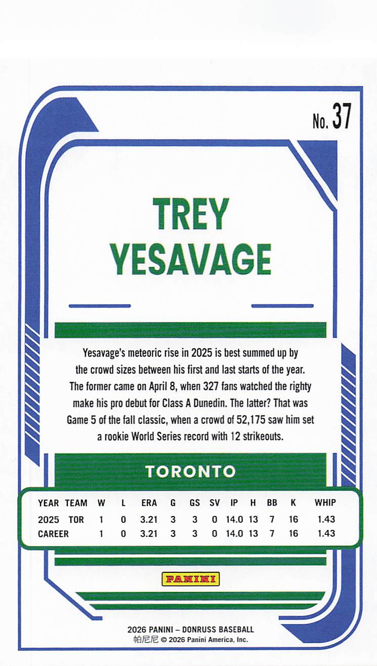 2026 Donruss Baseball Trey Yesavage #37 Rookie