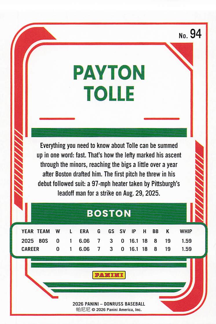 2026 Donruss Baseball Payton Tolle #94 Rookie
