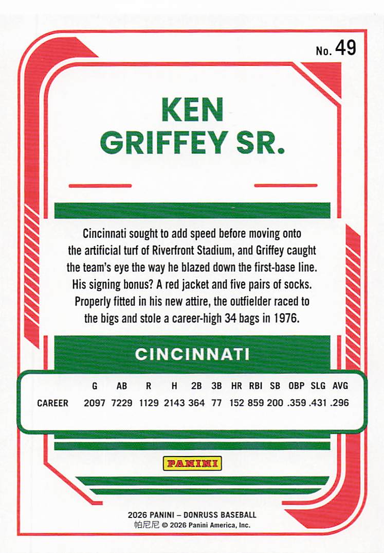 2026 Donruss Baseball Red and Blue Ken Griffey Sr. #49