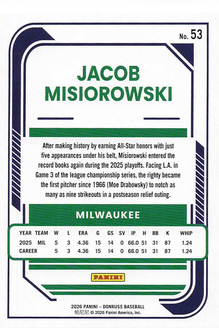 2026 Donruss Baseball Jacob Misiorowski #53 Rookie