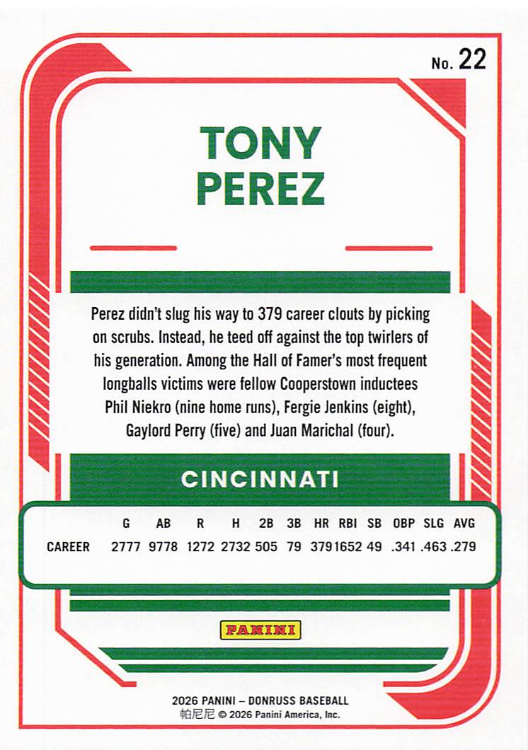 2026 Donruss Baseball Tony Perez #22